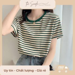 Áo thun nữ tay ngắn sọc ngang cổ bo tròn hot trend 2025