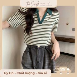 Áo thun nữ tay ngắn sọc ngang cổ bo tròn hot trend 2025