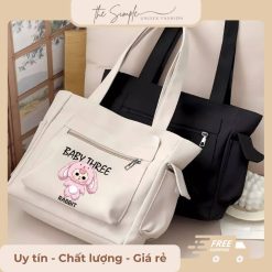 Túi tote nữ vải canvas đi học có khóa miệng
