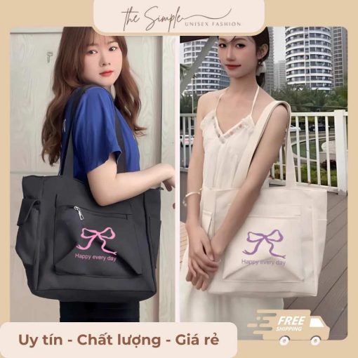 Túi tote nữ vải canvas đi học có khóa miệng